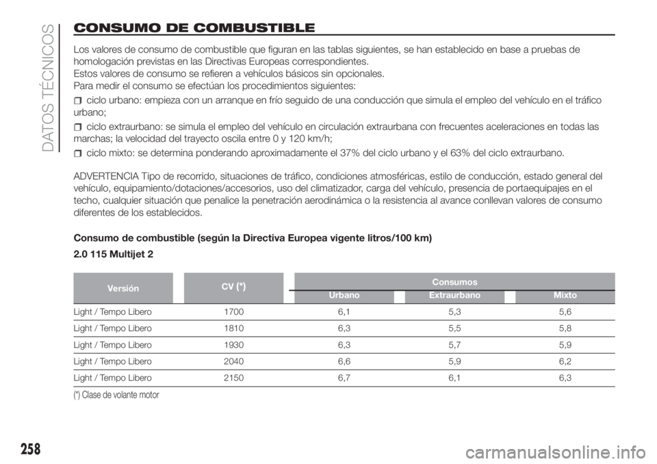 FIAT DUCATO 2017  Manual de Empleo y Cuidado (in Spanish) CONSUMO DE COMBUSTIBLE
Los valores de consumo de combustible que figuran en las tablas siguientes, se han establecido en base a pruebas de
homologación previstas en las Directivas Europeas correspond