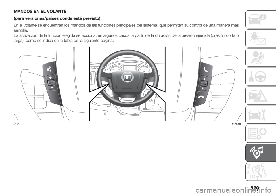 FIAT DUCATO 2017  Manual de Empleo y Cuidado (in Spanish) MANDOS EN EL VOLANTE
(para versiones/países donde esté previsto)
En el volante se encuentran los mandos de las funciones principales del sistema, que permiten su control de una manera más
sencilla.