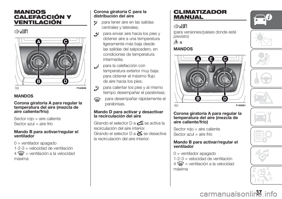 FIAT DUCATO 2017  Manual de Empleo y Cuidado (in Spanish) MANDOS
CALEFACCIÓN Y
VENTILACIÓN
MANDOS
Corona giratoria A para regular la
temperatura del aire (mezcla de
aire caliente/frío)
Sector rojo = aire caliente
Sector azul = aire frío
Mando B para acti