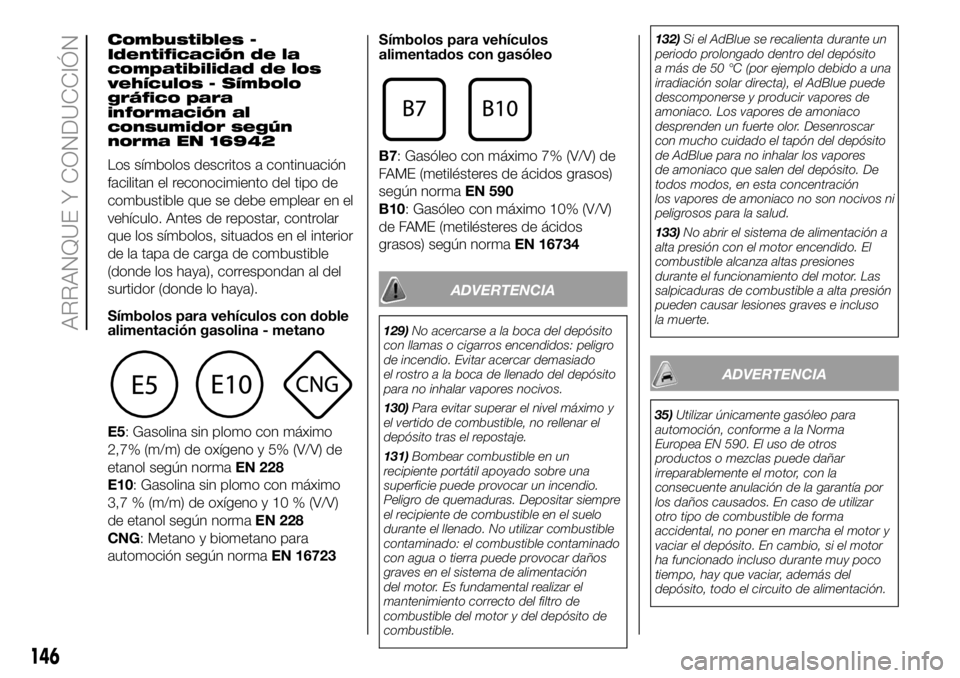 FIAT DUCATO 2018  Manual de Empleo y Cuidado (in Spanish) Combustibles -
Identificación de la
compatibilidad de los
vehículos - Símbolo
gráfico para
información al
consumidor según
norma EN 16942
Los símbolos descritos a continuación
facilitan el rec