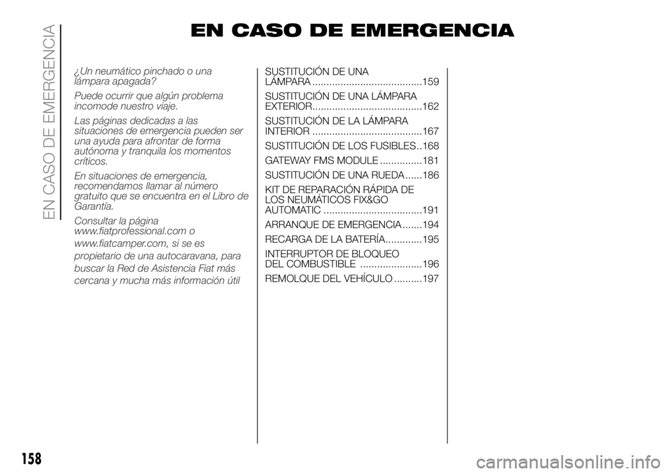 FIAT DUCATO 2018 Manual de Empleo y Cuidado (in Spanish) EN CASO DE EMERGENCIA
SUSTITUCIÓN DE UNA
LÁMPARA .......................................159
SUSTITUCIÓN DE UNA LÁMPARA
EXTERIOR.......................................162
SUSTITUCIÓN DE LA LÁMPAR FIAT DUCATO 2018 Manual de Empleo y Cuidado (in Spanish) EN CASO DE EMERGENCIA
SUSTITUCIÓN DE UNA
LÁMPARA .......................................159
SUSTITUCIÓN DE UNA LÁMPARA
EXTERIOR.......................................162
SUSTITUCIÓN DE LA LÁMPAR