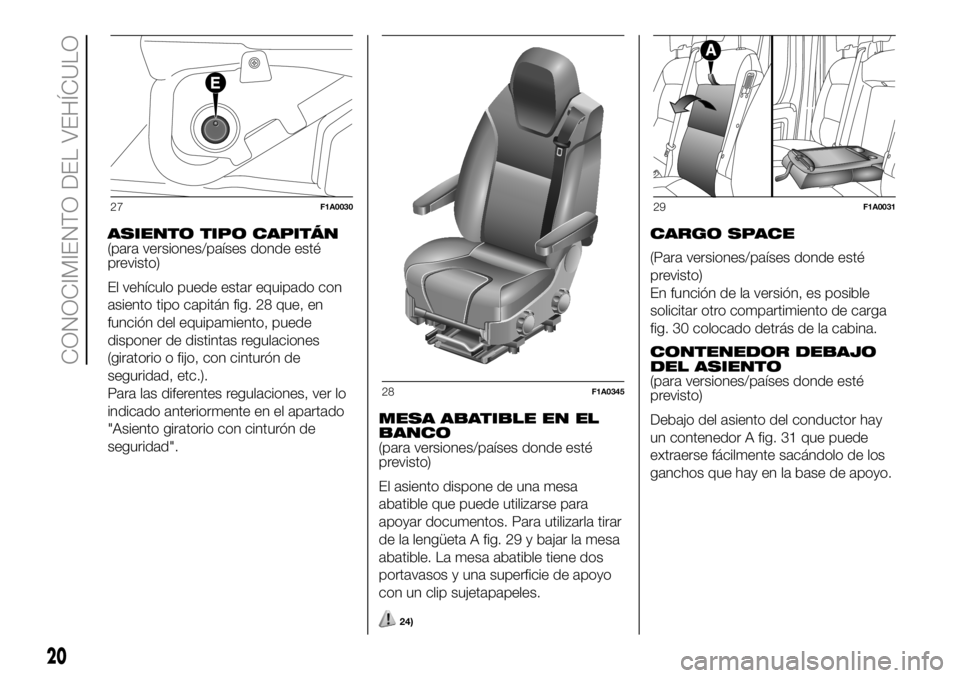 FIAT DUCATO 2018 Manual de Empleo y Cuidado (in Spanish) ASIENTO TIPO CAPITÁN
(para versiones/países donde esté
previsto)
El vehículo puede estar equipado con
asiento tipo capitán fig. 28 que, en
función del equipamiento, puede
disponer de distintas r FIAT DUCATO 2018 Manual de Empleo y Cuidado (in Spanish) ASIENTO TIPO CAPITÁN
(para versiones/países donde esté
previsto)
El vehículo puede estar equipado con
asiento tipo capitán fig. 28 que, en
función del equipamiento, puede
disponer de distintas r