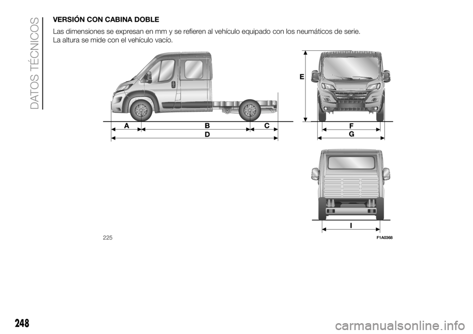 FIAT DUCATO 2018  Manual de Empleo y Cuidado (in Spanish) VERSIÓN CON CABINA DOBLE
Las dimensiones se expresan en mm y se refieren al vehículo equipado con los neumáticos de serie.
La altura se mide con el vehículo vacío.
225F1A0368
248
DATOS TÉCNICOS 