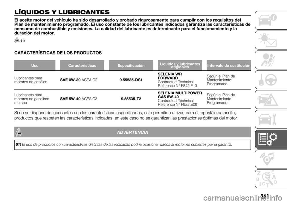 FIAT DUCATO 2018  Manual de Empleo y Cuidado (in Spanish) LÍQUIDOS Y LUBRICANTES
El aceite motor del vehículo ha sido desarrollado y probado rigurosamente para cumplir con los requisitos del
Plan de mantenimiento programado. El uso constante de los lubrica