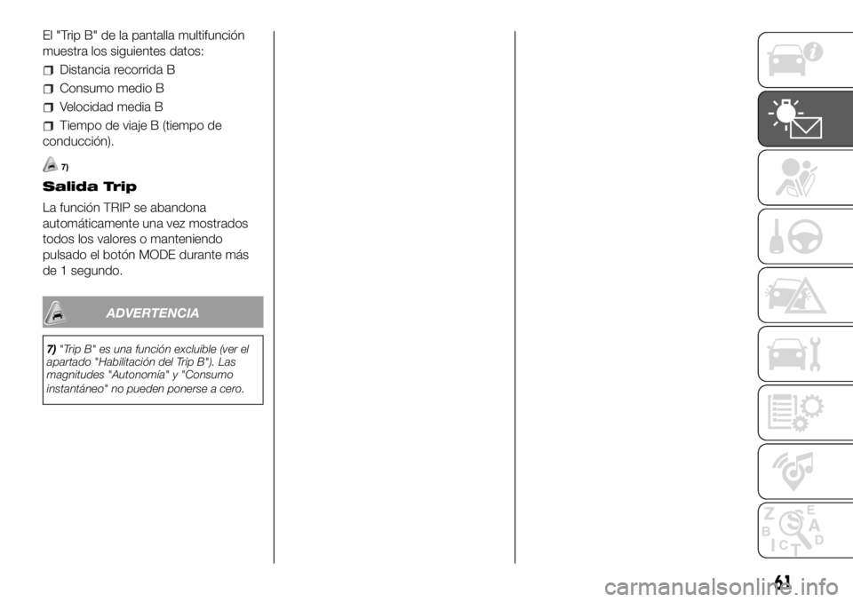 FIAT DUCATO 2018 Manual de Empleo y Cuidado (in Spanish) El "Trip B" de la pantalla multifunción
muestra los siguientes datos:
Distancia recorrida B
Consumo medio B
Velocidad media B
Tiempo de viaje B (tiempo de
conducción).
7)
Salida Trip
La func FIAT DUCATO 2018 Manual de Empleo y Cuidado (in Spanish) El "Trip B" de la pantalla multifunción
muestra los siguientes datos:
Distancia recorrida B
Consumo medio B
Velocidad media B
Tiempo de viaje B (tiempo de
conducción).
7)
Salida Trip
La func