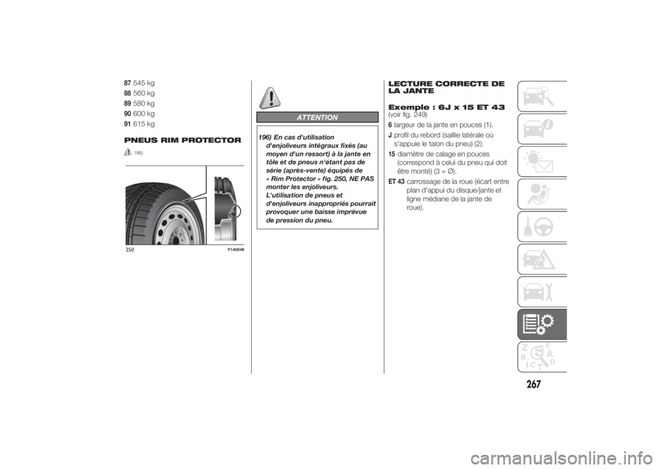 FIAT DUCATO 2014  Notice dentretien (in French) 87
545 kg
88
560 kg
89
580 kg
90
600 kg
91
615 kg
PNEUS RIM PROTECTOR196)
ATTENTION
196) En cas d'utilisation
d'enjoliveurs intégraux fixés (au
moyen d'un ressort) à la jante en
tôle e