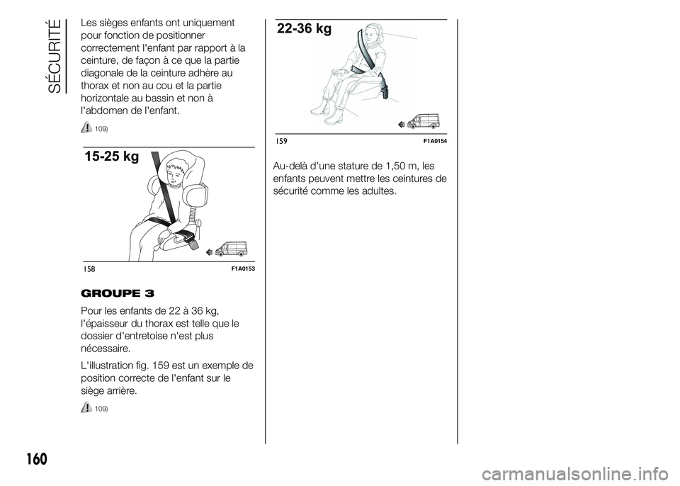 FIAT DUCATO 2015  Notice dentretien (in French) Les sièges enfants ont uniquement
pour fonction de positionner
correctement l'enfant par rapport à la
ceinture, de façon à ce que la partie
diagonale de la ceinture adhère au
thorax et non au