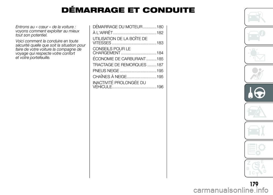 FIAT DUCATO 2015 Notice dentretien (in French) DÉMARRAGE ET CONDUITE
Entrons au « cœur » de la voiture :
voyons comment exploiter au mieux
tout son potentiel.
Voici comment la conduire en toute
sécurité quelle que soit la situation pour
fair FIAT DUCATO 2015 Notice dentretien (in French) DÉMARRAGE ET CONDUITE
Entrons au « cœur » de la voiture :
voyons comment exploiter au mieux
tout son potentiel.
Voici comment la conduire en toute
sécurité quelle que soit la situation pour
fair