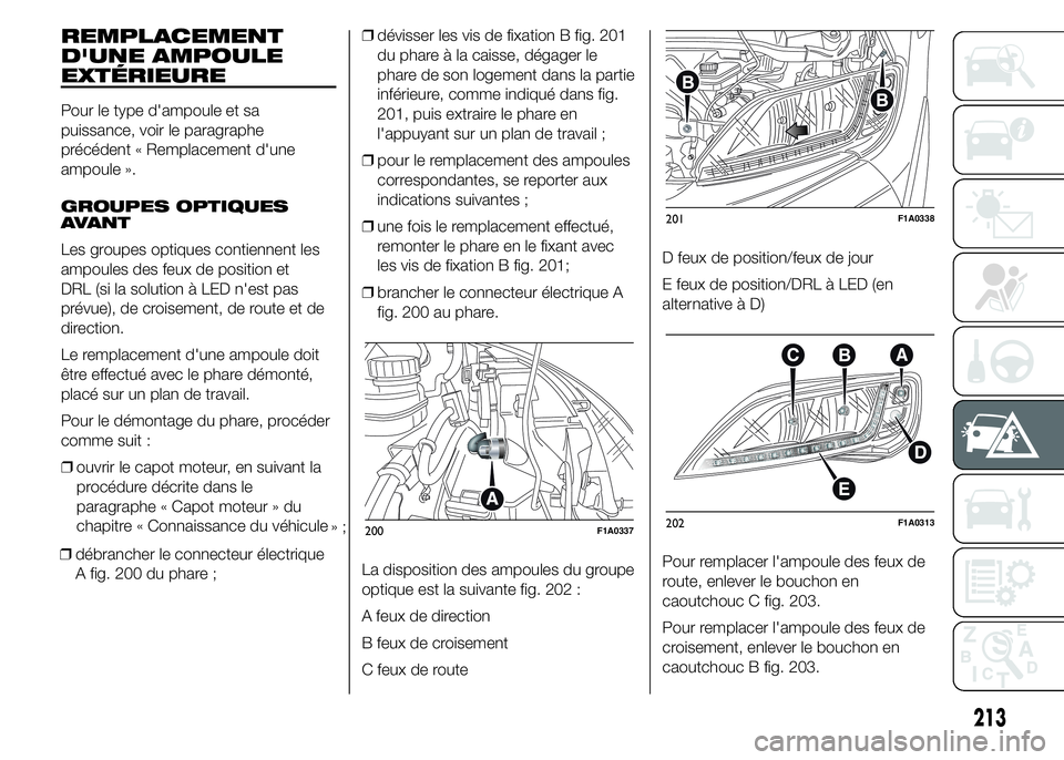 FIAT DUCATO 2015 Notice dentretien (in French) REMPLACEMENT
D'UNE AMPOULE
EXTÉRIEURE
Pour le type d'ampoule et sa
puissance, voir le paragraphe
précédent « Remplacement d'une
ampoule ».
GROUPES OPTIQUES
AVANT
Les groupes optiques FIAT DUCATO 2015 Notice dentretien (in French) REMPLACEMENT
D'UNE AMPOULE
EXTÉRIEURE
Pour le type d'ampoule et sa
puissance, voir le paragraphe
précédent « Remplacement d'une
ampoule ».
GROUPES OPTIQUES
AVANT
Les groupes optiques