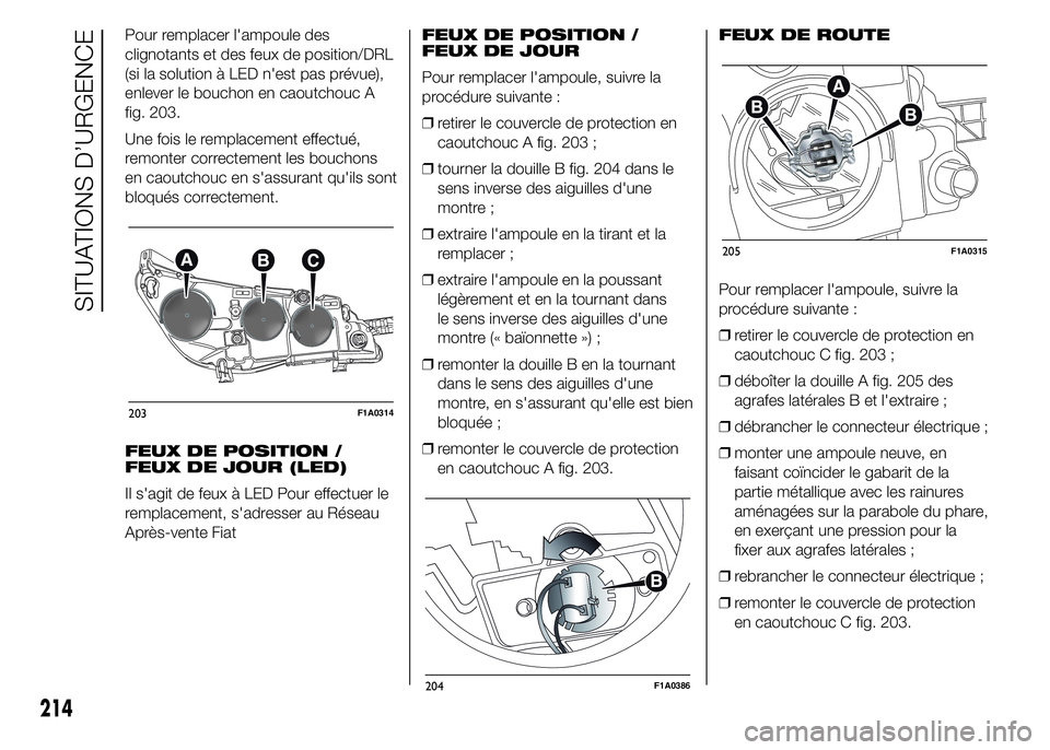 FIAT DUCATO 2015 Notice dentretien (in French) Pour remplacer l'ampoule des
clignotants et des feux de position/DRL
(si la solution à LED n'est pas prévue),
enlever le bouchon en caoutchouc A
fig. 203.
Une fois le remplacement effectué, FIAT DUCATO 2015 Notice dentretien (in French) Pour remplacer l'ampoule des
clignotants et des feux de position/DRL
(si la solution à LED n'est pas prévue),
enlever le bouchon en caoutchouc A
fig. 203.
Une fois le remplacement effectué,