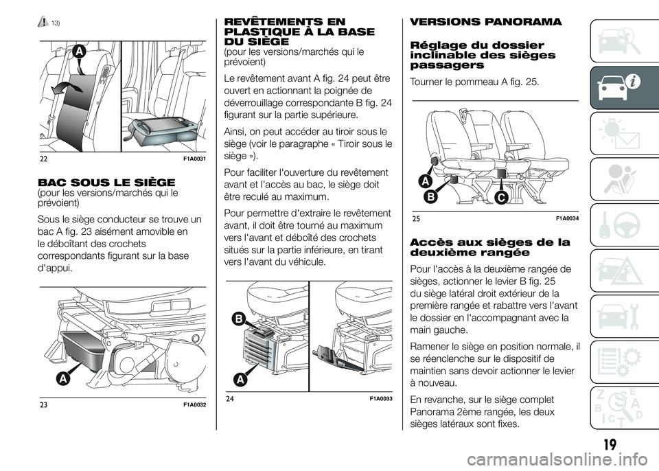 FIAT DUCATO 2015  Notice dentretien (in French) 13)
BAC SOUS LE SIÈGE
(pour les versions/marchés qui le
prévoient)
Sous le siège conducteur se trouve un
bac A fig. 23 aisément amovible en
le déboîtant des crochets
correspondants figurant sur