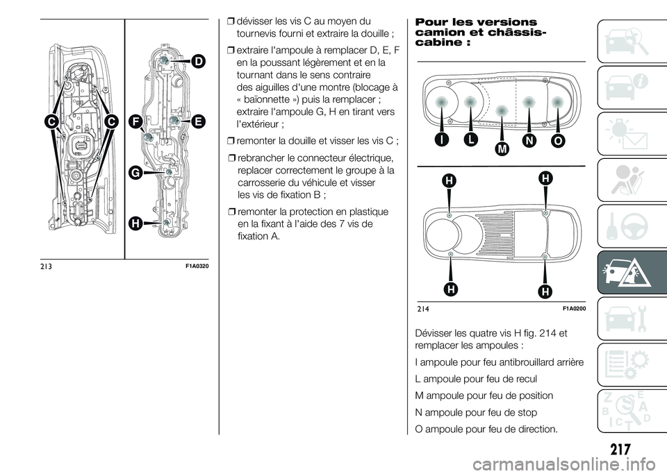FIAT DUCATO 2015  Notice dentretien (in French) ❒dévisser les vis C au moyen du
tournevis fourni et extraire la douille ;
❒extraire l'ampoule à remplacer D, E, F
en la poussant légèrement et en la
tournant dans le sens contraire
des aig