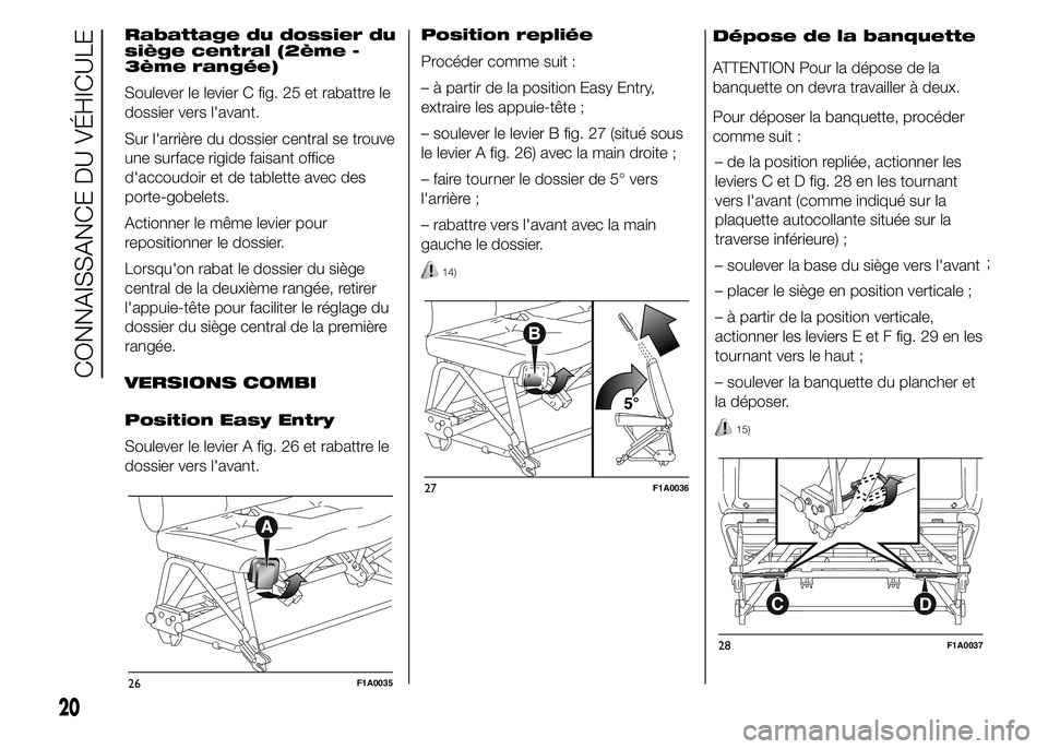 FIAT DUCATO 2015 Notice dentretien (in French) Rabattage du dossier du
siège central (2ème -
3ème rangée)
Soulever le levier C fig. 25 et rabattre le
dossier vers l'avant.
Sur l'arrière du dossier central se trouve
une surface rigide FIAT DUCATO 2015 Notice dentretien (in French) Rabattage du dossier du
siège central (2ème -
3ème rangée)
Soulever le levier C fig. 25 et rabattre le
dossier vers l'avant.
Sur l'arrière du dossier central se trouve
une surface rigide