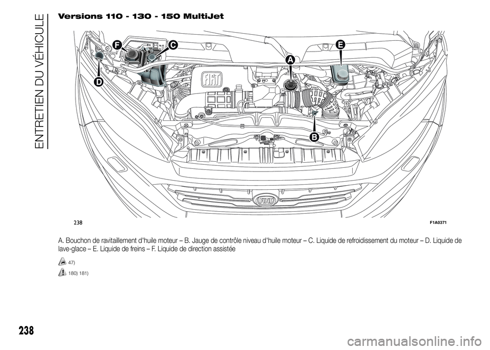 FIAT DUCATO 2015  Notice dentretien (in French) Versions 110 - 130 - 150 MultiJet
A. Bouchon de ravitaillement d'huile moteur – B. Jauge de contrôle niveau d'huile moteur – C. Liquide de refroidissement du moteur – D. Liquide de
lave