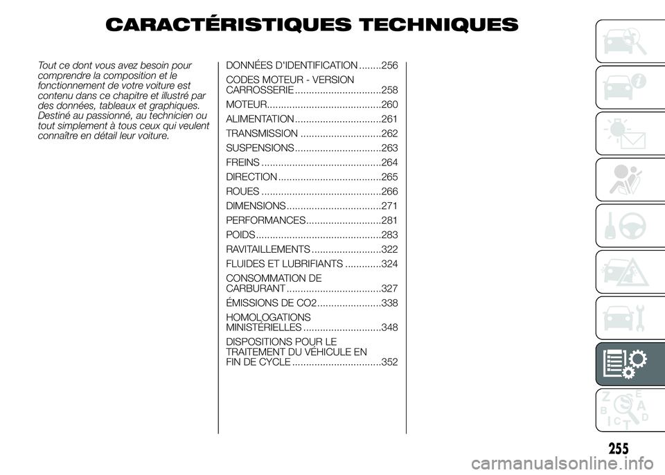 FIAT DUCATO 2015  Notice dentretien (in French) CARACTÉRISTIQUES TECHNIQUES
Tout ce dont vous avez besoin pour
comprendre la composition et le
fonctionnement de votre voiture est
contenu dans ce chapitre et illustré par
des données, tableaux et 