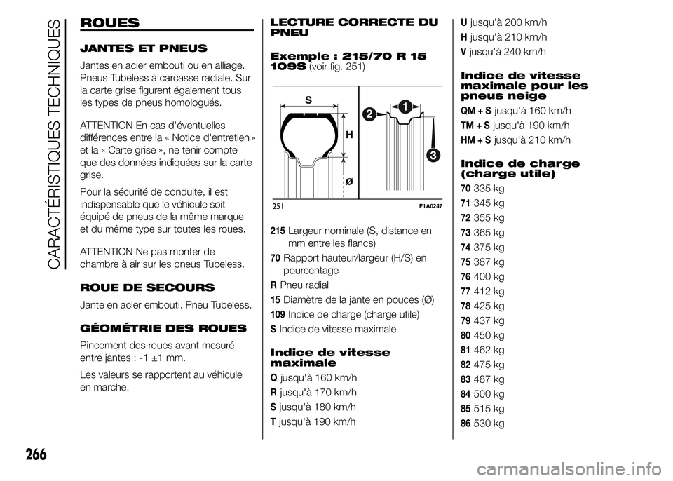 FIAT DUCATO 2015  Notice dentretien (in French) ROUES
JANTES ET PNEUS
Jantes en acier embouti ou en alliage.
Pneus Tubeless à carcasse radiale. Sur
la carte grise figurent également tous
les types de pneus homologués.
ATTENTION En cas d'éve