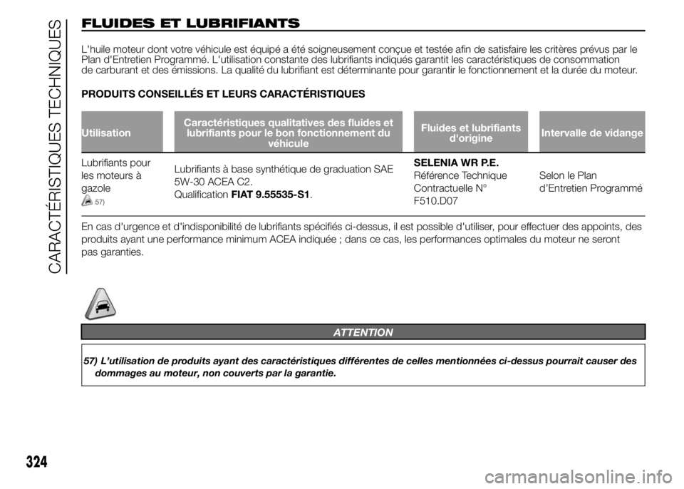 FIAT DUCATO 2015  Notice dentretien (in French) FLUIDES ET LUBRIFIANTS
L'huile moteur dont votre véhicule est équipé a été soigneusement conçue et testée afin de satisfaire les critères prévus par le
Plan d'Entretien Programmé. L&