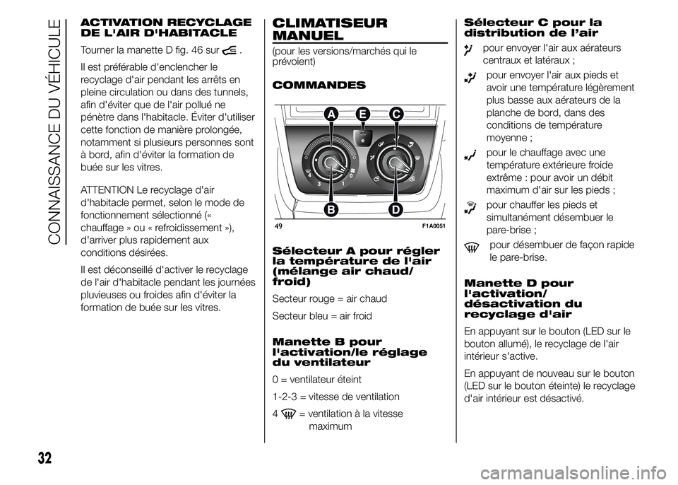 FIAT DUCATO 2015  Notice dentretien (in French) ACTIVATION RECYCLAGE
DE L'AIR D'HABITACLE
Tourner la manette D fig. 46 sur
.
Il est préférable d'enclencher le
recyclage d'air pendant les arrêts en
pleine circulation ou dans des t