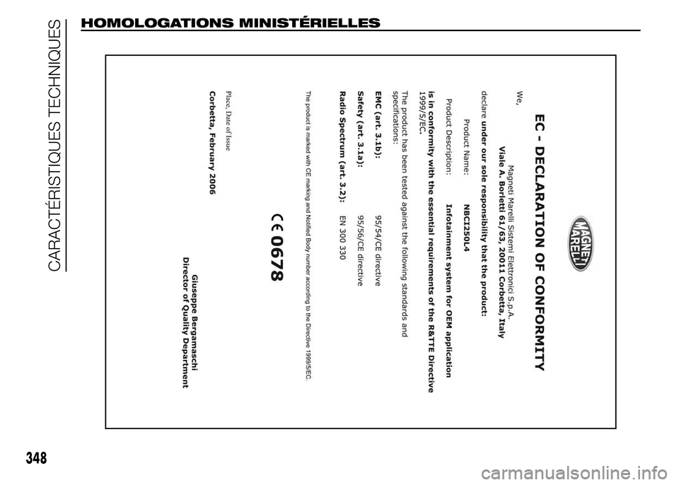 FIAT DUCATO 2015  Notice dentretien (in French) HOMOLOGATIONS MINISTÉRIELLES
348
CARACTÉRISTIQUES TECHNIQUES 