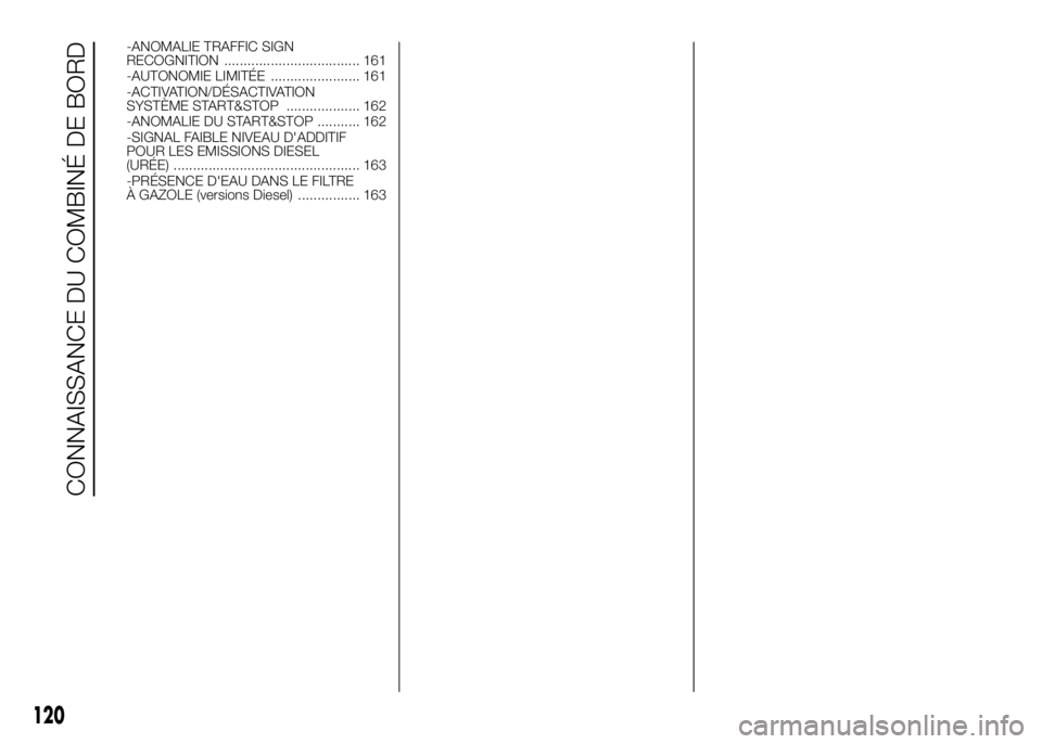 FIAT DUCATO 2016  Notice dentretien (in French) -ANOMALIE TRAFFIC SIGN
RECOGNITION ................................... 161
-AUTONOMIE LIMITÉE ....................... 161
-ACTIVATION/DÉSACTIVATION
SYSTÈME START&STOP ................... 162
-ANOMA