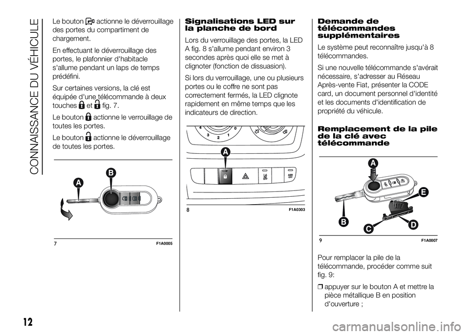 FIAT DUCATO 2016  Notice dentretien (in French) Le boutonactionne le déverrouillage
des portes du compartiment de
chargement.
En effectuant le déverrouillage des
portes, le plafonnier d'habitacle
s'allume pendant un laps de temps
prédéf