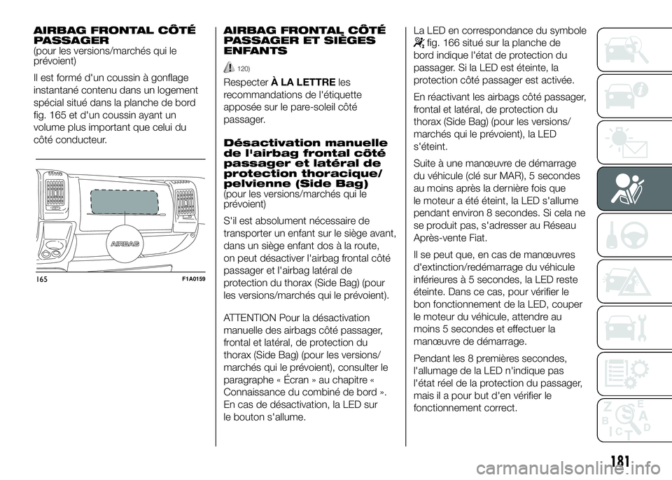 FIAT DUCATO 2016 Notice dentretien (in French) AIRBAG FRONTAL CÔTÉ
PASSAGER
(pour les versions/marchés qui le
prévoient)
Il est formé d'un coussin à gonflage
instantané contenu dans un logement
spécial situé dans la planche de bord
fi FIAT DUCATO 2016 Notice dentretien (in French) AIRBAG FRONTAL CÔTÉ
PASSAGER
(pour les versions/marchés qui le
prévoient)
Il est formé d'un coussin à gonflage
instantané contenu dans un logement
spécial situé dans la planche de bord
fi