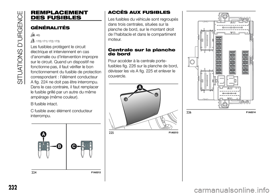 FIAT DUCATO 2016 Notice dentretien (in French) REMPLACEMENT
DES FUSIBLES
GÉNÉRALITÉS
46)
170) 171) 172) 173)
Les fusibles protègent le circuit
électrique et interviennent en cas
d'anomalie ou d'intervention impropre
sur le circuit. Qu FIAT DUCATO 2016 Notice dentretien (in French) REMPLACEMENT
DES FUSIBLES
GÉNÉRALITÉS
46)
170) 171) 172) 173)
Les fusibles protègent le circuit
électrique et interviennent en cas
d'anomalie ou d'intervention impropre
sur le circuit. Qu
