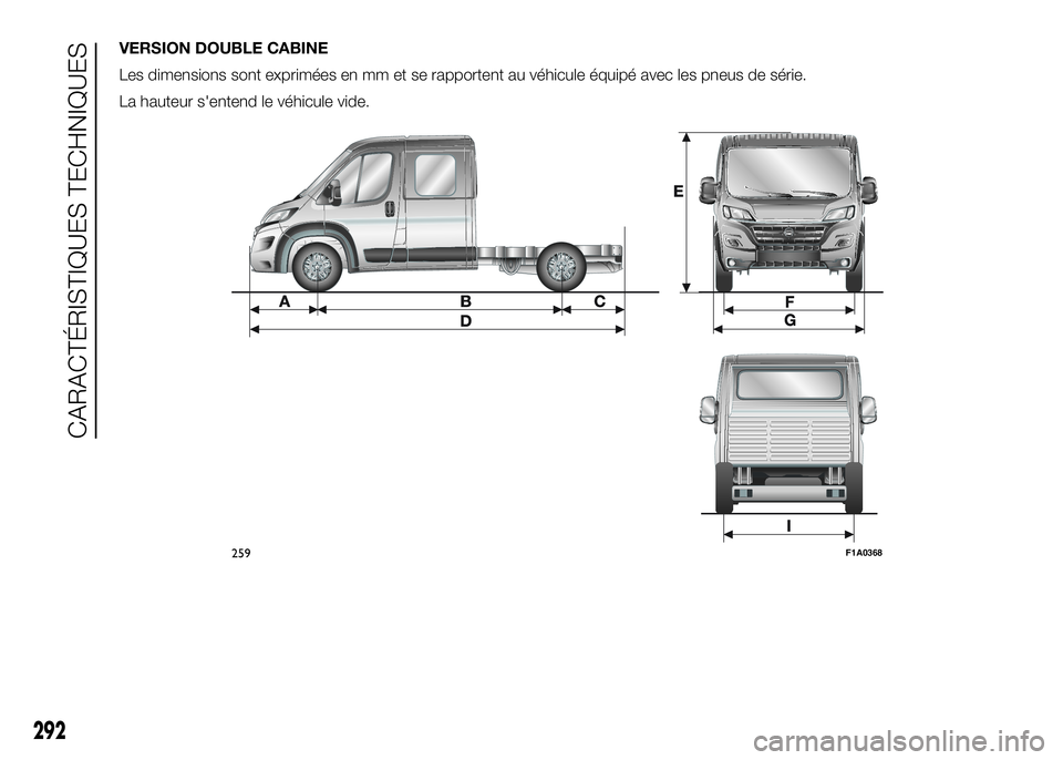 FIAT DUCATO 2016  Notice dentretien (in French) VERSION DOUBLE CABINE
Les dimensions sont exprimées en mm et se rapportent au véhicule équipé avec les pneus de série.
La hauteur s'entend le véhicule vide.
259F1A0368
292
CARACTÉRISTIQUES 