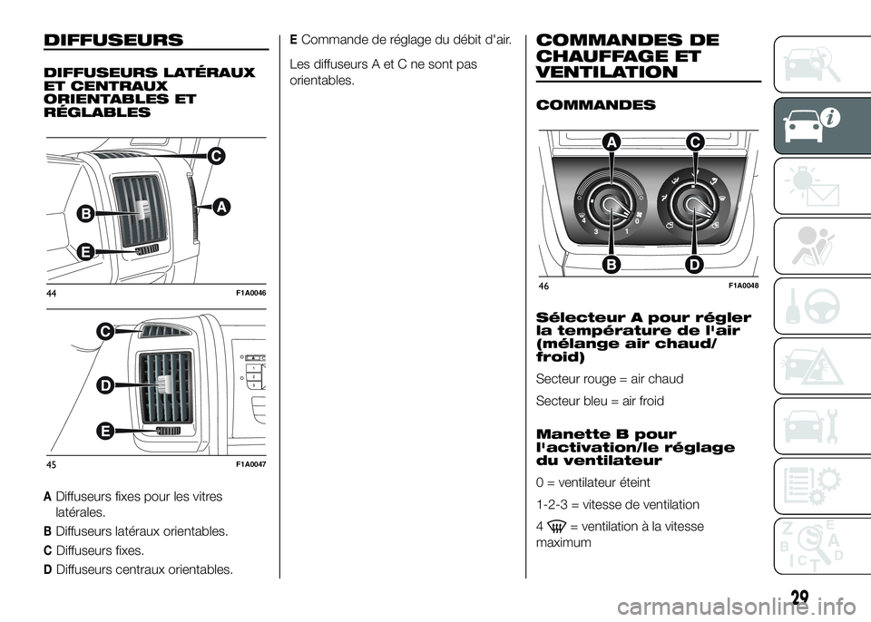FIAT DUCATO 2016  Notice dentretien (in French) DIFFUSEURS
DIFFUSEURS LATÉRAUX
ET CENTRAUX
ORIENTABLES ET
RÉGLABLES
ADiffuseurs fixes pour les vitres
latérales.
BDiffuseurs latéraux orientables.
CDiffuseurs fixes.
DDiffuseurs centraux orientabl