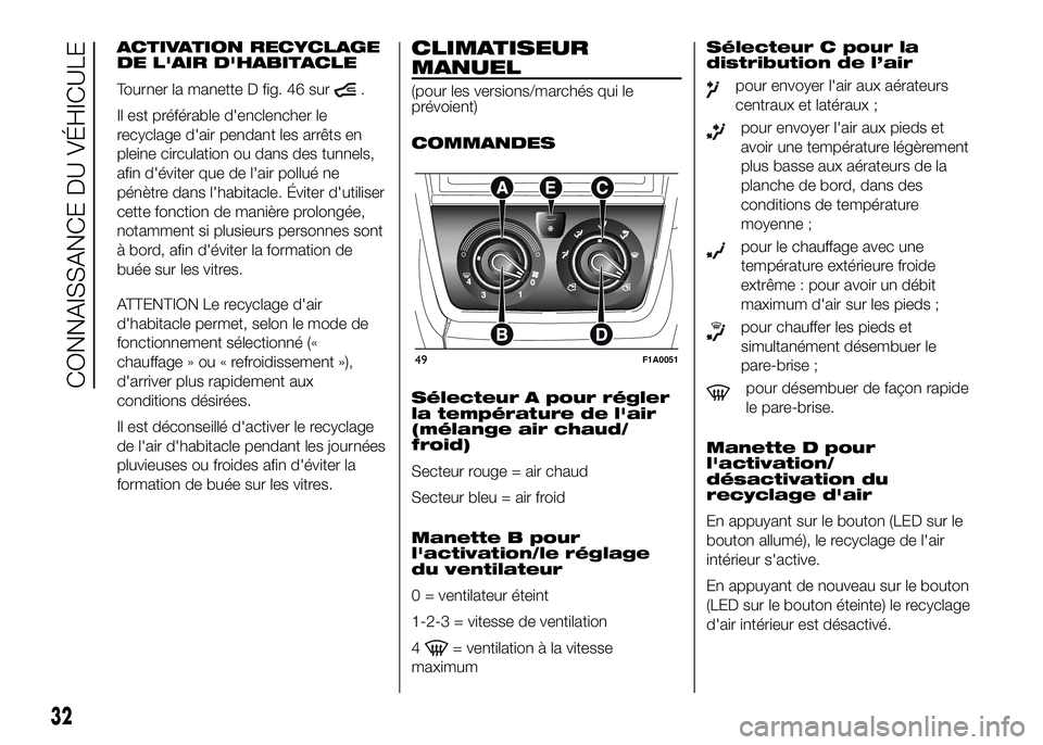 FIAT DUCATO 2016  Notice dentretien (in French) ACTIVATION RECYCLAGE
DE L'AIR D'HABITACLE
Tourner la manette D fig. 46 sur
.
Il est préférable d'enclencher le
recyclage d'air pendant les arrêts en
pleine circulation ou dans des t