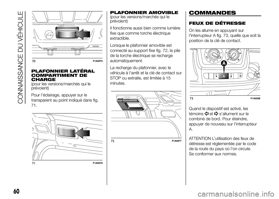 FIAT DUCATO 2016 Notice dentretien (in French) PLAFONNIER LATÉRAL
COMPARTIMENT DE
CHARGE
(pour les versions/marchés qui le
prévoient)
Pour l'éclairage, appuyer sur le
transparent au point indiqué dans fig.
71.PLAFONNIER AMOVIBLE
(pour les FIAT DUCATO 2016 Notice dentretien (in French) PLAFONNIER LATÉRAL
COMPARTIMENT DE
CHARGE
(pour les versions/marchés qui le
prévoient)
Pour l'éclairage, appuyer sur le
transparent au point indiqué dans fig.
71.PLAFONNIER AMOVIBLE
(pour les