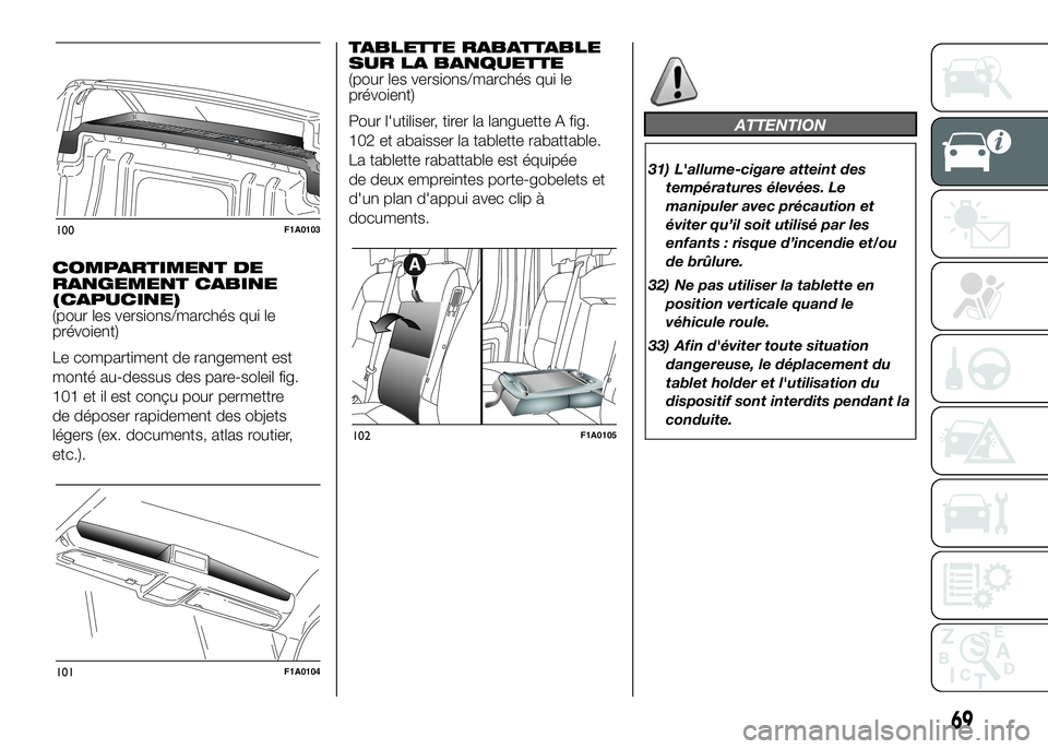 FIAT DUCATO 2016 Notice dentretien (in French) COMPARTIMENT DE
RANGEMENT CABINE
(CAPUCINE)
(pour les versions/marchés qui le
prévoient)
Le compartiment de rangement est
monté au-dessus des pare-soleil fig.
101 et il est conçu pour permettre
de FIAT DUCATO 2016 Notice dentretien (in French) COMPARTIMENT DE
RANGEMENT CABINE
(CAPUCINE)
(pour les versions/marchés qui le
prévoient)
Le compartiment de rangement est
monté au-dessus des pare-soleil fig.
101 et il est conçu pour permettre
de