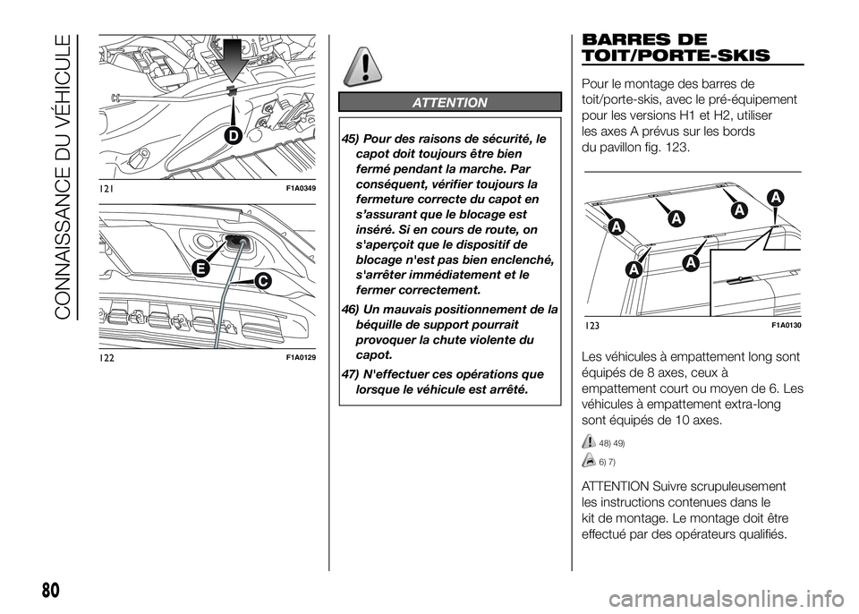 FIAT DUCATO 2016 Notice dentretien (in French) ATTENTION
45) Pour des raisons de sécurité, le
capot doit toujours être bien
fermé pendant la marche. Par
conséquent, vérifier toujours la
fermeture correcte du capot en
s’assurant que le bloc FIAT DUCATO 2016 Notice dentretien (in French) ATTENTION
45) Pour des raisons de sécurité, le
capot doit toujours être bien
fermé pendant la marche. Par
conséquent, vérifier toujours la
fermeture correcte du capot en
s’assurant que le bloc