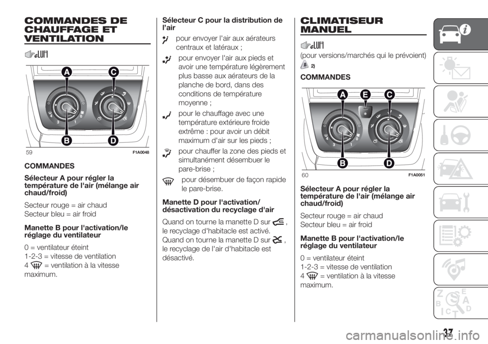 FIAT DUCATO 2017 Notice dentretien (in French) COMMANDES DE
CHAUFFAGE ET
VENTILATION
COMMANDES
Sélecteur A pour régler la
température de l'air (mélange air
chaud/froid)
Secteur rouge = air chaud
Secteur bleu = air froid
Manette B pour l FIAT DUCATO 2017 Notice dentretien (in French) COMMANDES DE
CHAUFFAGE ET
VENTILATION
COMMANDES
Sélecteur A pour régler la
température de l'air (mélange air
chaud/froid)
Secteur rouge = air chaud
Secteur bleu = air froid
Manette B pour l