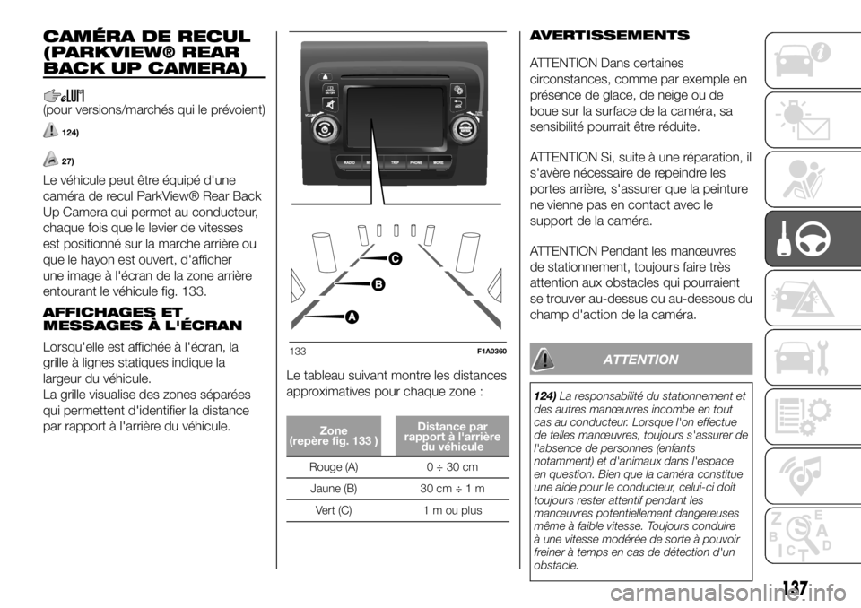 FIAT DUCATO 2018 Notice dentretien (in French) CAMÉRA DE RECUL
(PARKVIEW® REAR
BACK UP CAMERA)
(pour versions/marchés qui le prévoient)
124)
27)
Le véhicule peut être équipé d'une
caméra de recul ParkView® Rear Back
Up Camera qui per FIAT DUCATO 2018 Notice dentretien (in French) CAMÉRA DE RECUL
(PARKVIEW® REAR
BACK UP CAMERA)
(pour versions/marchés qui le prévoient)
124)
27)
Le véhicule peut être équipé d'une
caméra de recul ParkView® Rear Back
Up Camera qui per