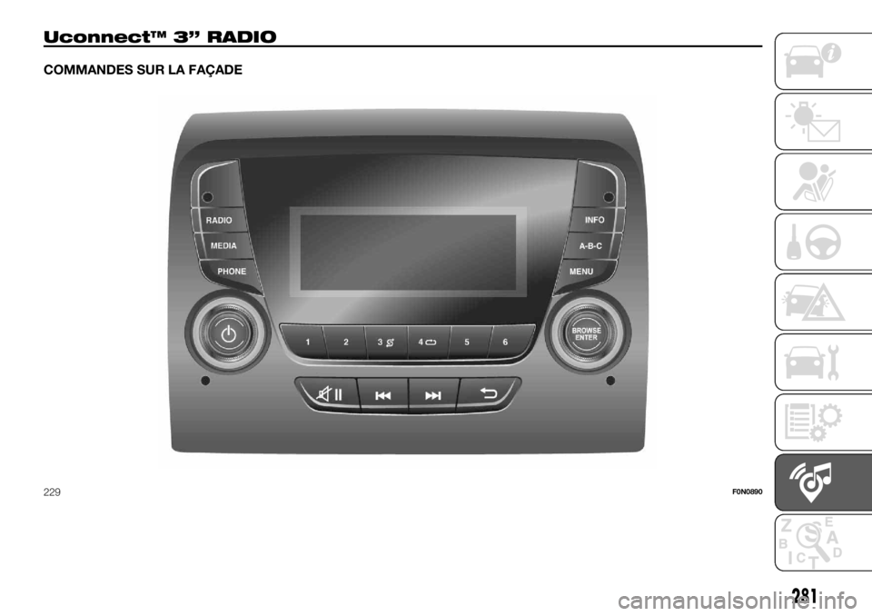 FIAT DUCATO 2018 Notice dentretien (in French) Uconnect™ 3” RADIO
COMMANDES SUR LA FAÇADE
229F0N0890
281 FIAT DUCATO 2018 Notice dentretien (in French) Uconnect™ 3” RADIO
COMMANDES SUR LA FAÇADE
229F0N0890
281