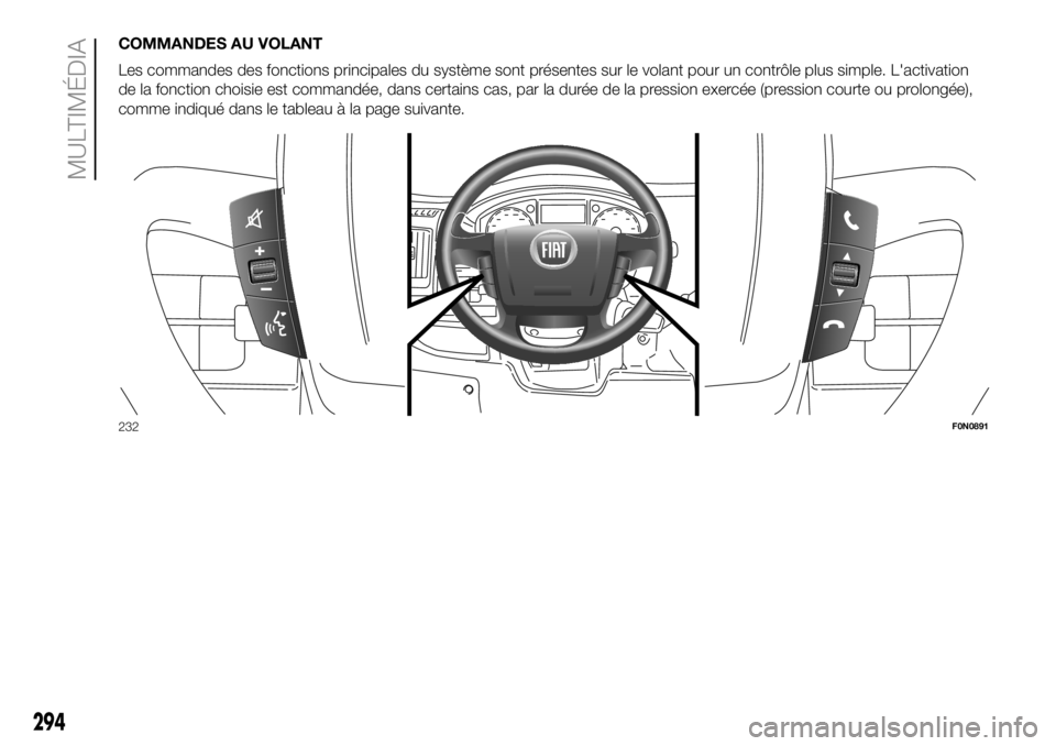 FIAT DUCATO 2018 Notice dentretien (in French) COMMANDES AU VOLANT
Les commandes des fonctions principales du système sont présentes sur le volant pour un contrôle plus simple. L'activation
de la fonction choisie est commandée, dans certai FIAT DUCATO 2018 Notice dentretien (in French) COMMANDES AU VOLANT
Les commandes des fonctions principales du système sont présentes sur le volant pour un contrôle plus simple. L'activation
de la fonction choisie est commandée, dans certai