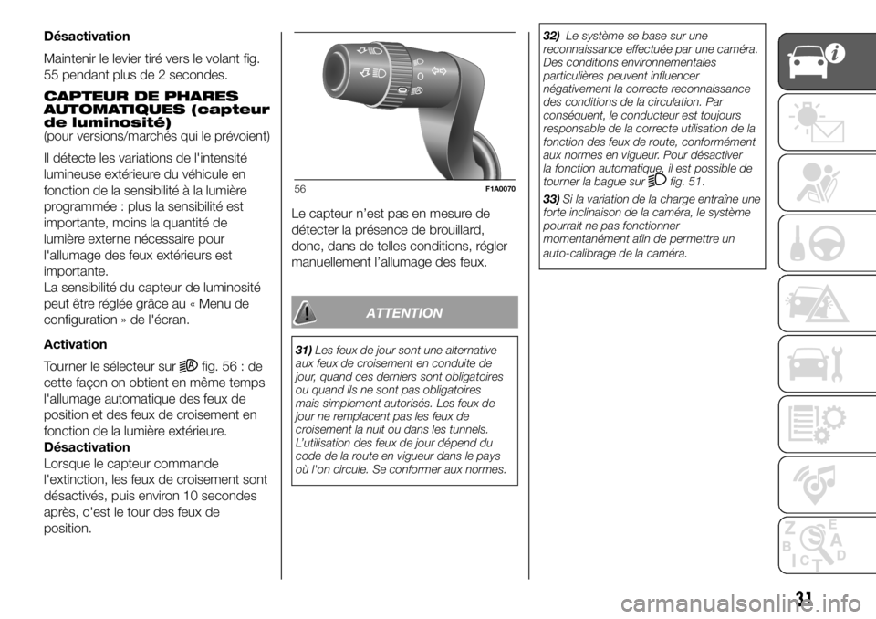FIAT DUCATO 2018 Notice dentretien (in French) Désactivation
Maintenir le levier tiré vers le volant fig.
55 pendant plus de 2 secondes.
CAPTEUR DE PHARES
AUTOMATIQUES (capteur
de luminosité)
(pour versions/marchés qui le prévoient)
Il détec FIAT DUCATO 2018 Notice dentretien (in French) Désactivation
Maintenir le levier tiré vers le volant fig.
55 pendant plus de 2 secondes.
CAPTEUR DE PHARES
AUTOMATIQUES (capteur
de luminosité)
(pour versions/marchés qui le prévoient)
Il détec