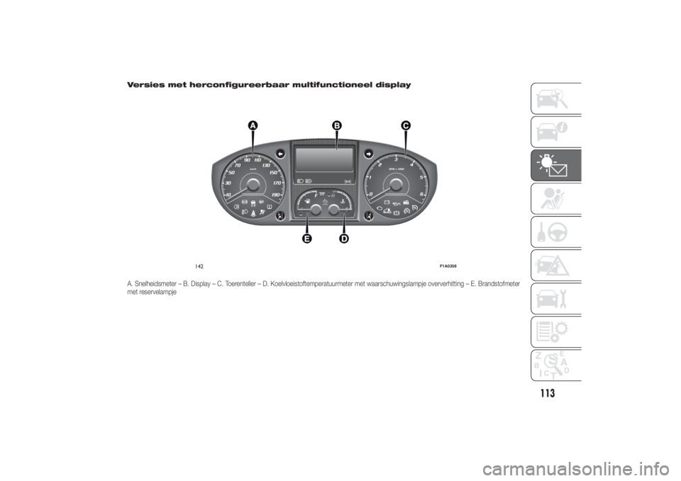 FIAT DUCATO 2014 Instructieboek (in Dutch) Versies met herconfigureerbaar multifunctioneel displayA. Snelheidsmeter – B. Display – C. Toerenteller – D. Koelvloeistoftemperatuurmeter met waarschuwingslampje oververhitting – E. Brandstof FIAT DUCATO 2014 Instructieboek (in Dutch) Versies met herconfigureerbaar multifunctioneel displayA. Snelheidsmeter – B. Display – C. Toerenteller – D. Koelvloeistoftemperatuurmeter met waarschuwingslampje oververhitting – E. Brandstof