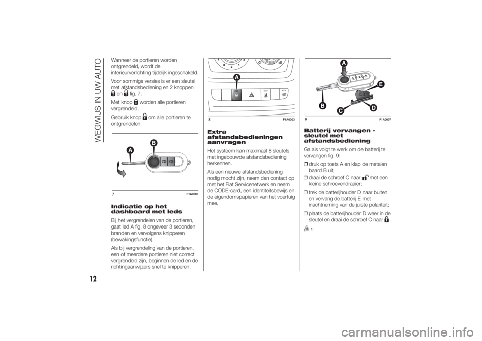 FIAT DUCATO 2014 Instructieboek (in Dutch) Wanneer de portieren worden
ontgrendeld, wordt de
interieurverlichting tijdelijk ingeschakeld.
Voor sommige versies is er een sleutel
met afstandsbediening en 2 knoppenen
fig. 7.
Met knop
worden alle FIAT DUCATO 2014 Instructieboek (in Dutch) Wanneer de portieren worden
ontgrendeld, wordt de
interieurverlichting tijdelijk ingeschakeld.
Voor sommige versies is er een sleutel
met afstandsbediening en 2 knoppenen
fig. 7.
Met knop
worden alle