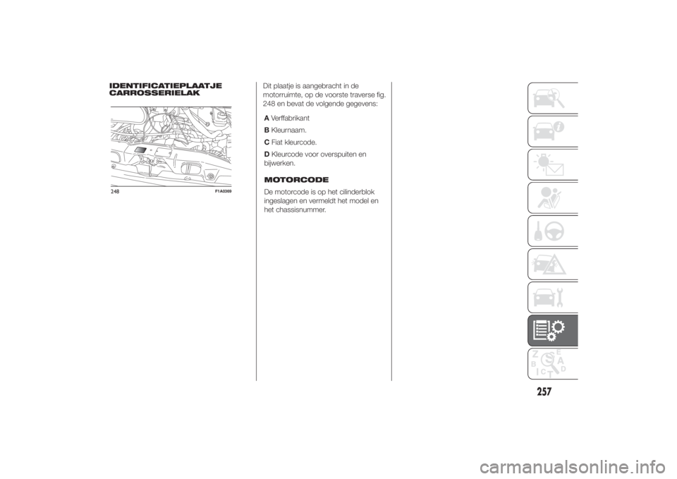 FIAT DUCATO 2014  Instructieboek (in Dutch) AVerffabrikant
BKleurnaam.
CFiat kleurcode.
DKleurcode voor overspuiten en
bijwerken.
MOTORCODE
De motorcode is op het cilinderblok
ingeslagen en vermeldt het model en
het chassisnummer.
257
11-3-2014