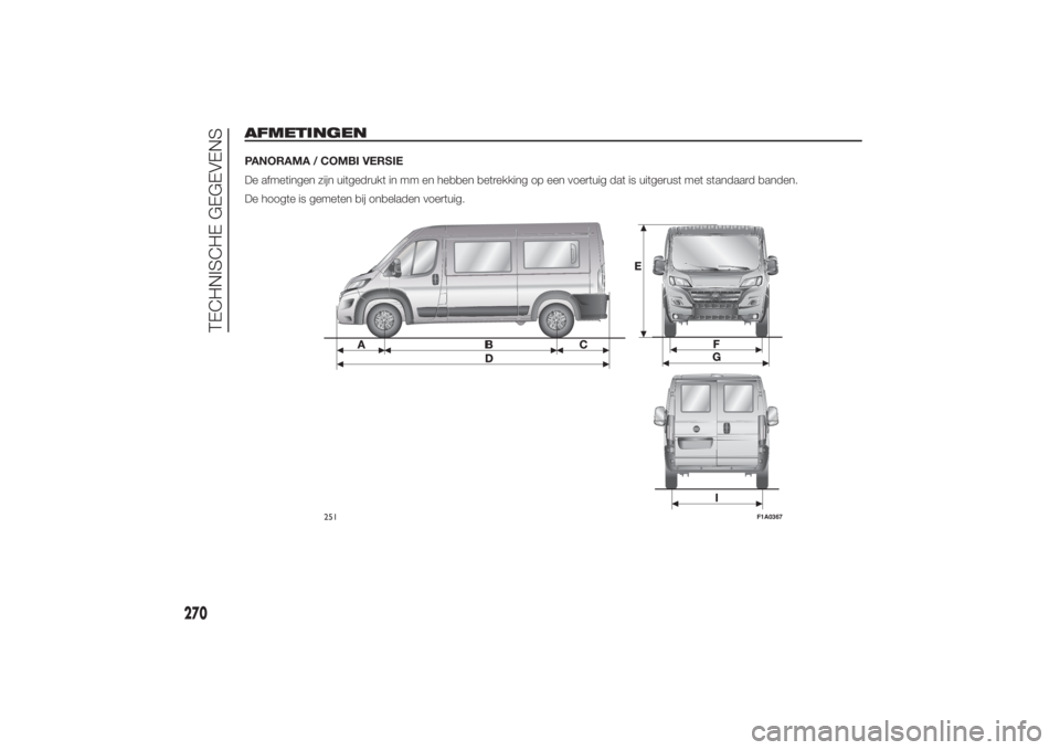 FIAT DUCATO 2014  Instructieboek (in Dutch) AFMETINGENPANORAMA / COMBI VERSIE
De afmetingen zijn uitgedrukt in mm en hebben betrekking op een voertuig dat is uitgerust met standaard banden.
De hoogte is gemeten bij onbeladen voertuig.
251
F1A03