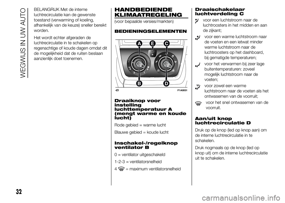 FIAT DUCATO 2015 Instructieboek (in Dutch) BELANGRIJK Met de interne
luchtrecirculatie kan de gewenste
toestand (verwarming of koeling,
afhankelijk van de keuze) sneller bereikt
worden.
Het wordt echter afgeraden de
luchtrecirculatie in te sch FIAT DUCATO 2015 Instructieboek (in Dutch) BELANGRIJK Met de interne
luchtrecirculatie kan de gewenste
toestand (verwarming of koeling,
afhankelijk van de keuze) sneller bereikt
worden.
Het wordt echter afgeraden de
luchtrecirculatie in te sch