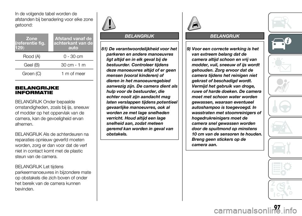 FIAT DUCATO 2016 Instructieboek (in Dutch) In de volgende tabel worden de
afstanden bij benadering voor elke zone
getoond:
Zone
(referentie fig.
129
)
Afstand vanaf de
achterkant van de
auto
Rood (A) 0 - 30 cm
Geel (B) 30 cm-1m
Groen (C) 1 m o FIAT DUCATO 2016 Instructieboek (in Dutch) In de volgende tabel worden de
afstanden bij benadering voor elke zone
getoond:
Zone
(referentie fig.
129
)
Afstand vanaf de
achterkant van de
auto
Rood (A) 0 - 30 cm
Geel (B) 30 cm-1m
Groen (C) 1 m o