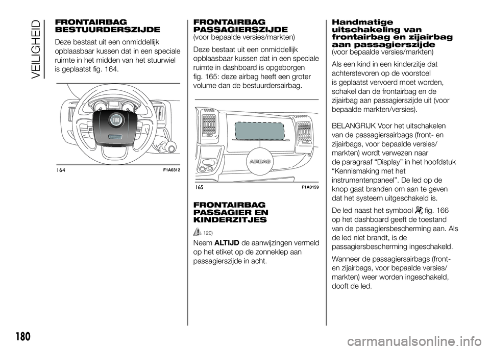 FIAT DUCATO 2016 Instructieboek (in Dutch) FRONTAIRBAG
BESTUURDERSZIJDE
Deze bestaat uit een onmiddellijk
opblaasbaar kussen dat in een speciale
ruimte in het midden van het stuurwiel
is geplaatst fig. 164.FRONTAIRBAG
PASSAGIERSZIJDE
(voor bep FIAT DUCATO 2016 Instructieboek (in Dutch) FRONTAIRBAG
BESTUURDERSZIJDE
Deze bestaat uit een onmiddellijk
opblaasbaar kussen dat in een speciale
ruimte in het midden van het stuurwiel
is geplaatst fig. 164.FRONTAIRBAG
PASSAGIERSZIJDE
(voor bep