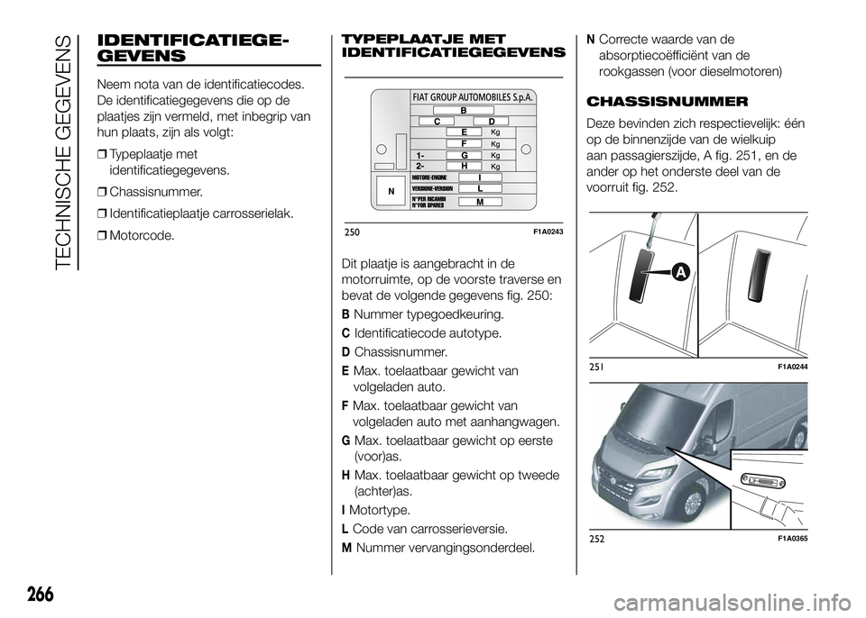 FIAT DUCATO 2016 Instructieboek (in Dutch) IDENTIFICATIEGE-
GEVENS
Neem nota van de identificatiecodes.
De identificatiegegevens die op de
plaatjes zijn vermeld, met inbegrip van
hun plaats, zijn als volgt:
❒Typeplaatje met
identificatiegege FIAT DUCATO 2016 Instructieboek (in Dutch) IDENTIFICATIEGE-
GEVENS
Neem nota van de identificatiecodes.
De identificatiegegevens die op de
plaatjes zijn vermeld, met inbegrip van
hun plaats, zijn als volgt:
❒Typeplaatje met
identificatiegege