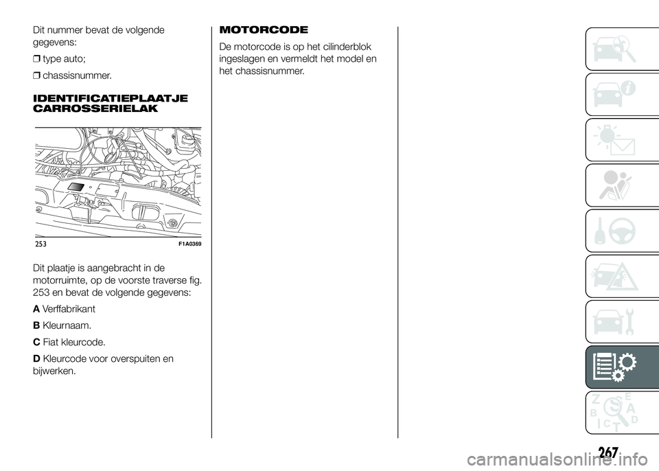 FIAT DUCATO 2016 Instructieboek (in Dutch) Dit nummer bevat de volgende
gegevens:
❒type auto;
❒chassisnummer.
IDENTIFICATIEPLAATJE
CARROSSERIELAK
Dit plaatje is aangebracht in de
motorruimte, op de voorste traverse fig.
253 en bevat de vol FIAT DUCATO 2016 Instructieboek (in Dutch) Dit nummer bevat de volgende
gegevens:
❒type auto;
❒chassisnummer.
IDENTIFICATIEPLAATJE
CARROSSERIELAK
Dit plaatje is aangebracht in de
motorruimte, op de voorste traverse fig.
253 en bevat de vol