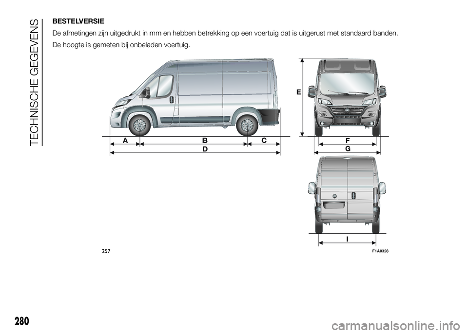 FIAT DUCATO 2016  Instructieboek (in Dutch) BESTELVERSIE
De afmetingen zijn uitgedrukt in mm en hebben betrekking op een voertuig dat is uitgerust met standaard banden.
De hoogte is gemeten bij onbeladen voertuig.
257F1A0328
280
TECHNISCHE GEGE