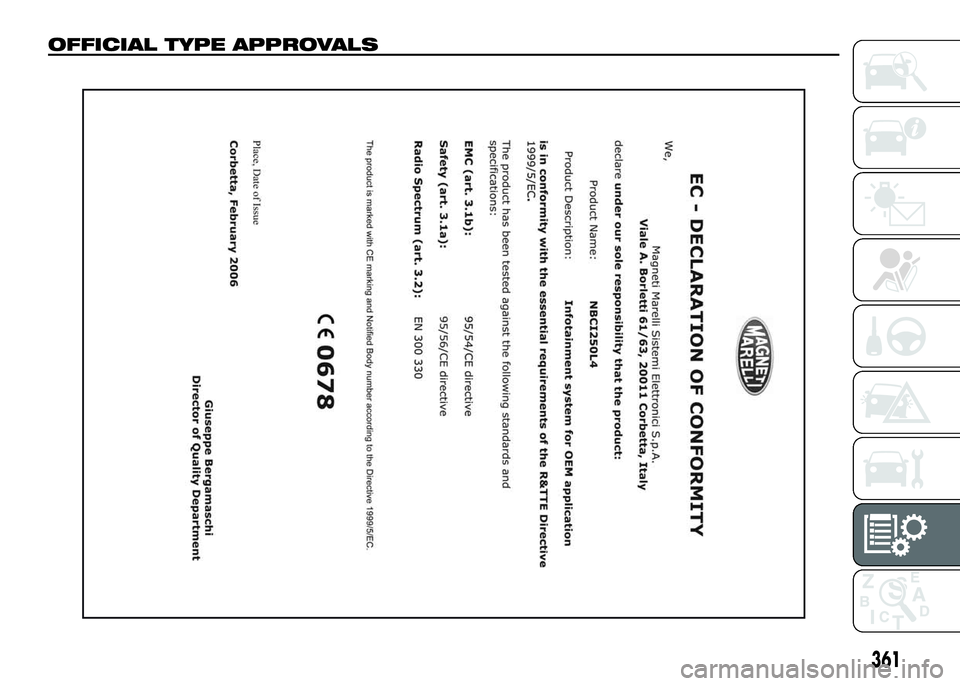 FIAT DUCATO 2016 Instructieboek (in Dutch) OFFICIAL TYPE APPROVALS
361 FIAT DUCATO 2016 Instructieboek (in Dutch) OFFICIAL TYPE APPROVALS
361