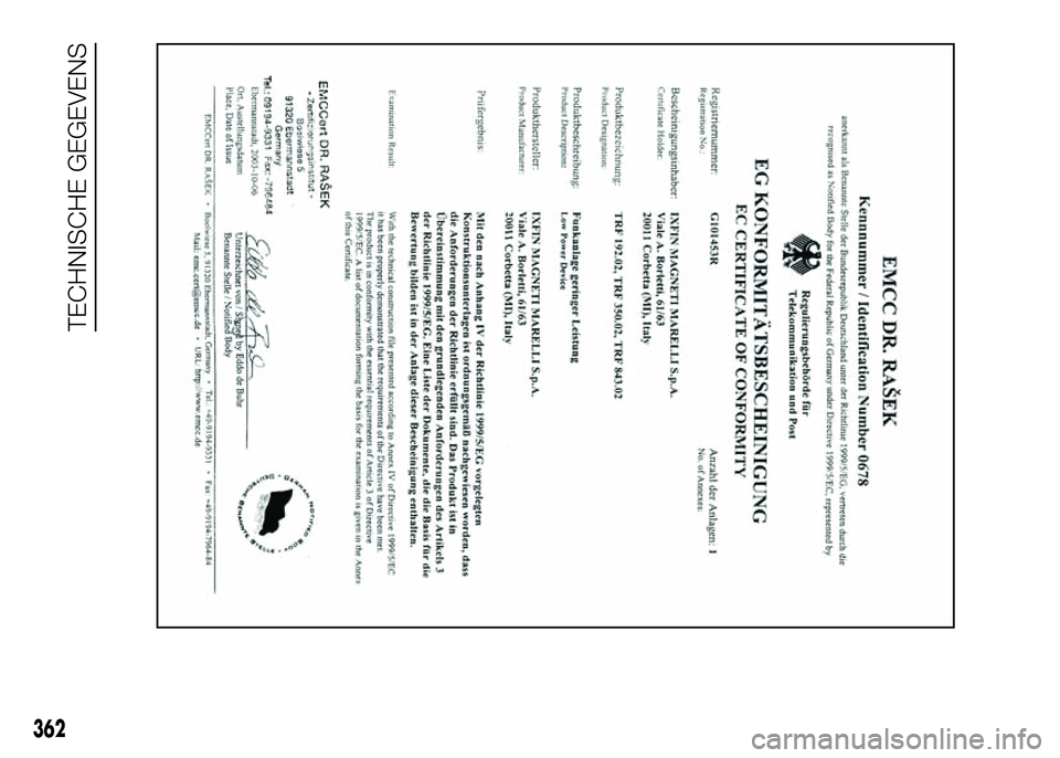 FIAT DUCATO 2016 Instructieboek (in Dutch) 362
TECHNISCHE GEGEVENS FIAT DUCATO 2016 Instructieboek (in Dutch) 362
TECHNISCHE GEGEVENS
